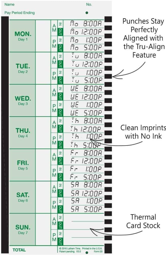 Lathem Time Card for Lathem Model 800P, 4 x 9, Weekly, 1-Sided, 100/Pack - Image 2